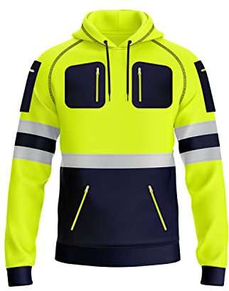 trending babz New Mens Hi Vis Hoodie Safety Work Sweatshirt Reflective Tape High Viz Hoodie High Visibility Pullover Sweatshirt Top Multi Zipped Pockets S/2XL