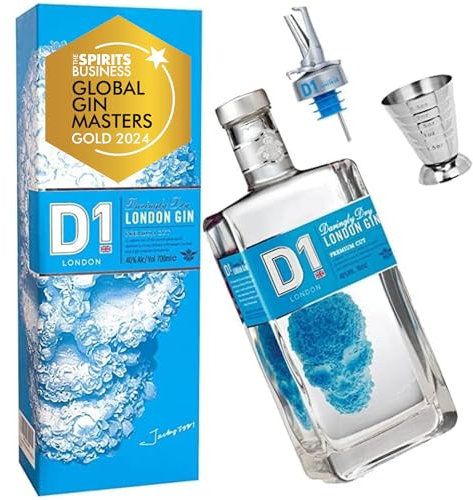 D1 London Dry Gin Geschenkset für Männer und Frauen - Vatertagsgeschenk für Papa - 70cl mit Jigger & Ausgießer in Geschenkbox - Gin Masters Gold 2024 I Wacholder, Zitrusfrüchte & Brennnessel 40% vol