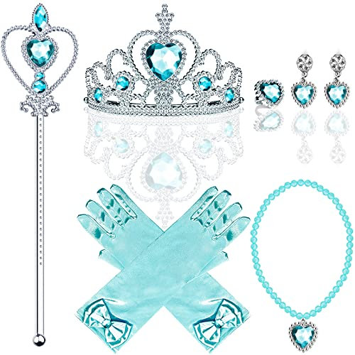 Elsa Dress Up für Mädchen, Prinzessin Dress Up Zubehör Set mit Krone, Ring, Zauberstab, Ohrring, Handschuhe und Halskette für Party, Cosplay, Festival (blau)