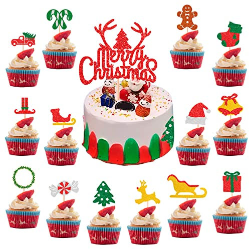Tortendeko Weihnachten, 15 Stück Cake Topper Weihnachten, Tortendeko Merry Christmas, Cupcake Topper Weihnachten mit Baum Elch Rentier, Kuchen Deko Weihnachten für Xmas Neujahr Party Dekorationen