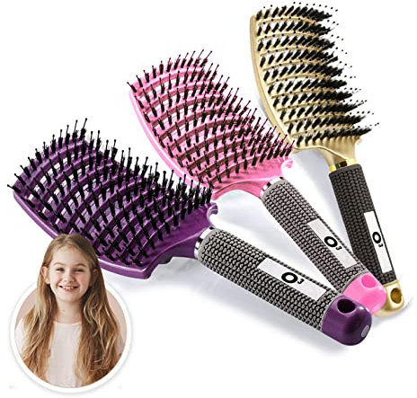 Brosse Poil de Sanglier Demelante [ 3 Brosses à Cheveux - NE TIRE PAS ] Brosse a cheveux demelante, 100% Naturelle – Pour démêler en douceur ! (Rose/Violette/Or)