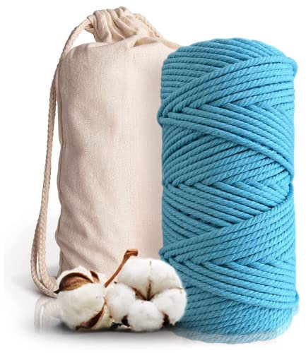 Hilo Macramé 100% de Algodón Natural - Rollo de 100m con hilo de 5mm de Diámetro con Bolsa de Tela para el Almacenamiento - Cordón o Cuerda de Algodón para Manualidades - Color Azul Claro