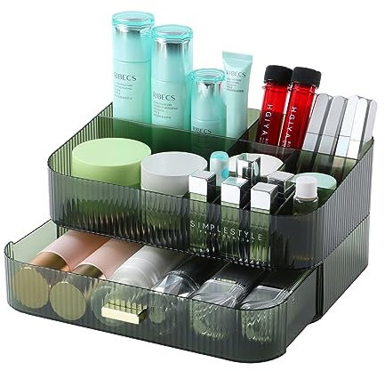 OSteed Makeup Organiser Green, Dressing Table Organiser Storage Tray with 1 Stackable Drawer, Makeup Brush Holder, Skincare Cosmetic Storage Drawer for Vanity Dresser, Bathroom Toiletry