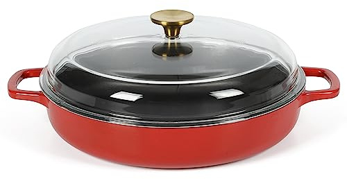 Sur La Table Kitchen Essentials Supper Club 3.75 Quart Enamel Cast Iron All In One Multi-Purpose Non-Toxic Nonstick Braiser Pan W/Borosilicate Glass Lid - Red