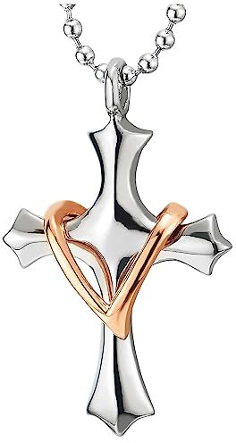 COOLSTEELANDBEYOND Klein Kreuz Anhänger Halskette mit Rotgold Herz, Damen Edelstahl mit 60cm Stahl Kugelkette