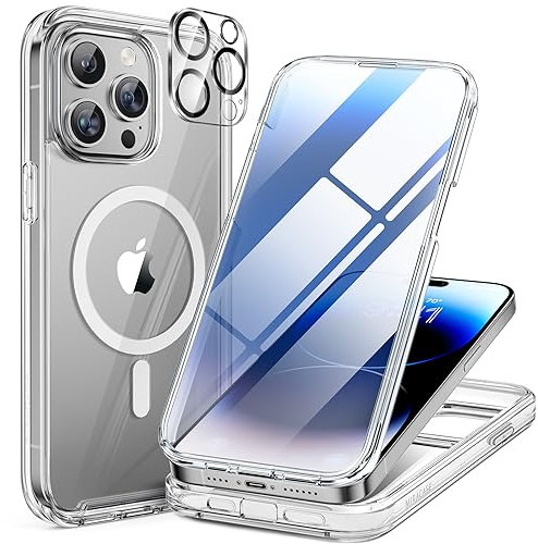Miracase Magnetic Case for iPhone 15 Pro Max Case 6.7-Inch, Full Body Bumper Case Compatible with MagSafe and Built-in 9H Tempered Glass Screen Protector + Camera Lens Protector (Clear)