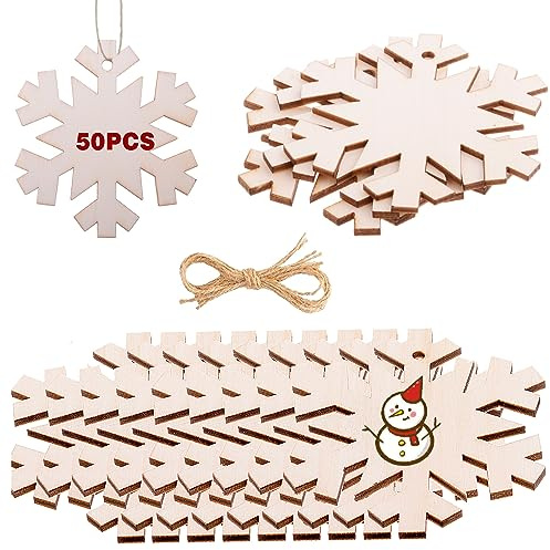 50 PCS Unfinished Snowflake Wood Slices for DIY Painted Craft Ornaments - Unfinished Craft Christmas Wooden Baubles For Hanging Decorations