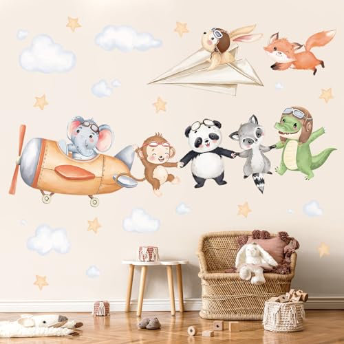 decalmile Pegatinas de Pared Avión Animales Vinilos Decorativos Elefante Mono Estrella Adhesivos Pared Bebé Guardería Niñas Dormitorio