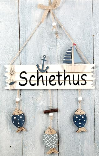 Holz Türschild - Schiethus - Anker - Boot - 3 Fische - maritime Badezimmer Deko WC Schild 50x24cm