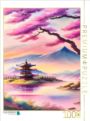 CALVENDO Puzzle Japanische Landschaft, im Vordergrund blühende Mandelbäume. Erstellt mit KI | 1000 Teile Lege-Größe 64 x 48 cm Foto-Puzzle für glückliche Stunden