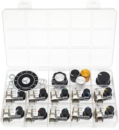 (Paquet de 10) WH148 Vertikales Zweifach-Potentiometer, nach innen gebogen, 6-polig B1M 1M Ohm Variable Widerstände 15mm gerändelte Welle Aluminiumlegierung Knopfkappen