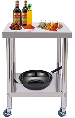 C-Juzarl Edelstahl Arbeitstisch 60 * 60 * 85cm Silbertisch mit Rollen, Küchentisch mit Ablage für die Zubereitung von Mahlzeiten, Nähen, Waschen, Basteln,300kg