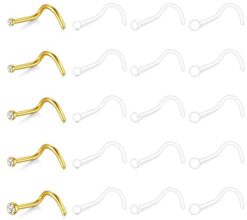 NIUSIMAN 18 Stück Klare Nasenpiercing Stecker 1 Schraube L Form Nasenpiercing Ring Dünn Silber 18G Kunststoff Nasen Piercing Schmuck Unsichtbare klare Nasen Verstecken Piercing für Schularbeit