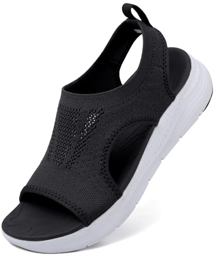 DimaiGlobal Sandals Womens Summer Washable Slingback Orthopedic Slide Platform Sport Sandals With Arch Support Wedge Walking Sandals Casual Thick Bottom Comfy Knit Sandals 4.5UK Black/White