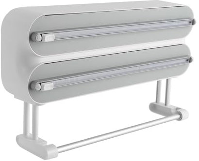 Begoniape Distributeur de film alimentaire avec porte-serviettes en papier 3 en 1, coupe-film, porte-rouleau de cuisine en aluminium, pour film alimentaire de 31 cm de long