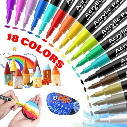 18 Farbe Steine Bemalen Acrylstifte für Steine Wasserfest, 0.7mm Permanent Marker Stift für Ostern Basteln Kinder, Leinwand Ostereier Holz Schule Manga Kunstler/DIY Fotoalben/Hochzeit Papier
