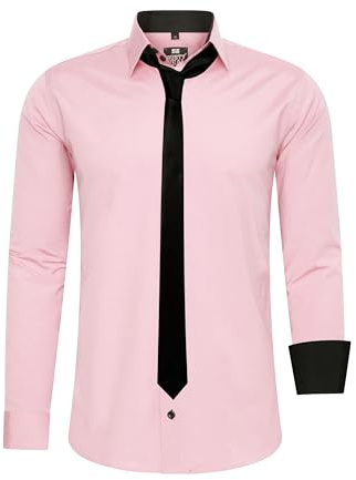 Rusty Neal Herren-Hemd Premium Slim Fit Langarm Stretch Kontrast Hemd mit Krawatte Business-Hemden Outfit Freizeithemd Set 44_99, Größe:S, Farbe:Rosa