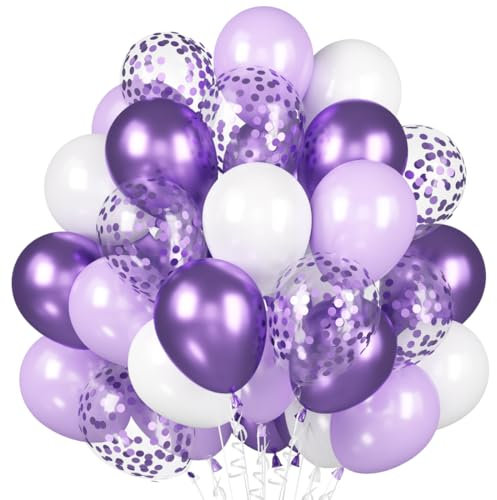 Luftballons Lavendel Lila Weiß, 60 Stück Violett Konfetti Ballons, Metallic Lila Helium Ballon, Macaron Lila Weiß Latex Ballons Set für Geburtstag Hochzeit Mädchen Frauen Abschluss Party Babyparty