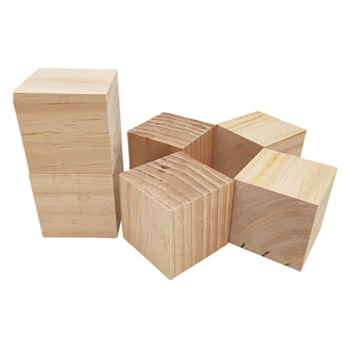 Cubos de madera de 8 cm, 6 unidades, bloques cuadrados de madera natural sin terminar para manualidades, tallado y proyectos de bricolaje