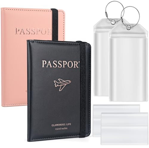 LUSEE Protège Passeports, Porte Passeport Housse en Cuir PU, Portefeuille de Voyage avec Blocage RFID, Etui pour Passeport Trensparent und Etiquette Valise, Rose+Noir