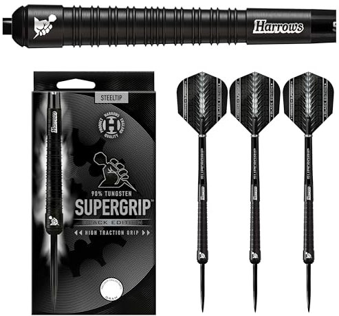 Harrows SUPERGRIP Black Edition Dartset mit 90% Wolframstahlspitze. Erhältlich in 21 g, 22 g, 23 g, 24 g, 25 g, 26 g, 28 g und 30 g – inklusive Supergrip-Schäften und Supergrip-Flights (21 Grams)