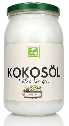 Kokosöl Kaltgepresst Nativ von der Grünen Essenz Kokosnuss duftendes Öl im Bügelglas zum Kochen Backen zur Körperpflege 100% natürlich unraffiniert Kokosnussöl Extra Virgin (900 ml)