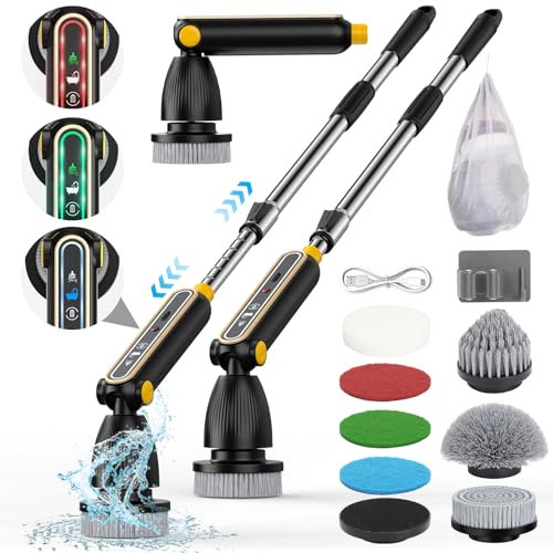 Elektrische Reinigungsbürste, Electric Spin Scrubber mit 7 Austauschbaren Bohrbürstenköpfen, Electric Cleaning Brush mit Verstellbarem Griff, LED-Bildschirm, für Badezimmer,Fliesen, Boden, Auto, Küche