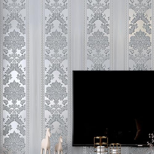 Baketron Luxury Grey Damask Wallpaper Metallic Silver Grey Luxury Floral Embossed Flock Textured Wallpaper Roll for Bedroom Adults Livingroom Hallway and Stairs