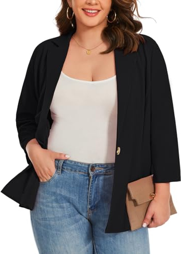 XL-5XL Plus Size Blazer for Womens Notched Lapel Casual Jackets Outerwear | XL-5XL 3/4 Sleeve Plus Size Blazer Notched Lapel Half Lined Jackets for Womens UK Suits&Blazers Day to Night Outerwear Jacket
