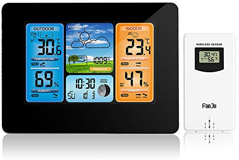 ALLOMN Wetterstationen kabellos mit Innen-/Außensensor, LCD-Digitalwetterstation mit Alarm/Temperatur/Luftfeuchtigkeit/Barometer/Prognose/Mondphase/Wecker für Zuhause, Büro, Garten (B)