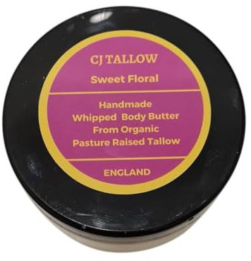 Beef Tallow Whipped Cream — Sweet Floral Scented | Jojoba & Rosehip Oil, Vitamin E | Face & Body Moisturiser | All Skin Types | 100% Organic Grass Fed Tallow, Made in UK by (CJ TALLOW) Net Wt 60ml