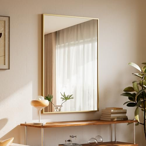 BEAUTYPEAK Rechteckiger Wandspiegel 81x61cm mit Metallrahmen, Bruchsicherer Badspiegel, Wandspiegel für Bad, Schlafzimmer, Wohnzimmer, Gold Rectangular Bathroom Mirror