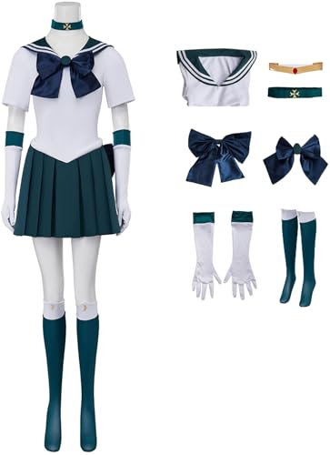 Windskids Sailor Neptune Kostüm Damen Cosplay Anime Sailor Neptune KaiOu Michiru Kampf Uniform mit Zubehör für Halloween Karneval Party Maskerade Performance Verkleidung, Dunkelgrün