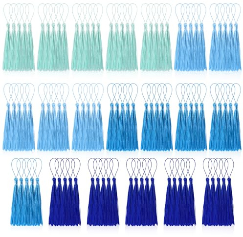 BOUBONI 100 Stück Quasten Blau Serie Weich Seidig Handgefertigte Mini Quasten für Lesezeichen Anhänger Schmuckherstellung DIY Bastelzubehör Schlüsselanhänger Zubehör Kleiderdekoration