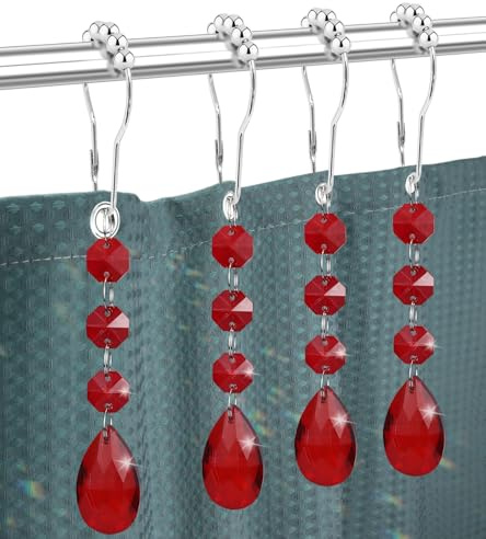 Yapicoco Shower Curtain Hooks Rings for Bathroom, 12PCS Gemstone Crystal Bead Stainless Steel Rust Resistant Clear Shower Curtain Rings for Shower Curtains (Red)