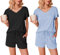 Ekouaer Pijama Mujer Verano Pijama Corto Mujer Paquete de 2 Mangas con Volantes Escote en Pico Suave Camiseta y Pantalón Corto, Negro + Azul Claro, L