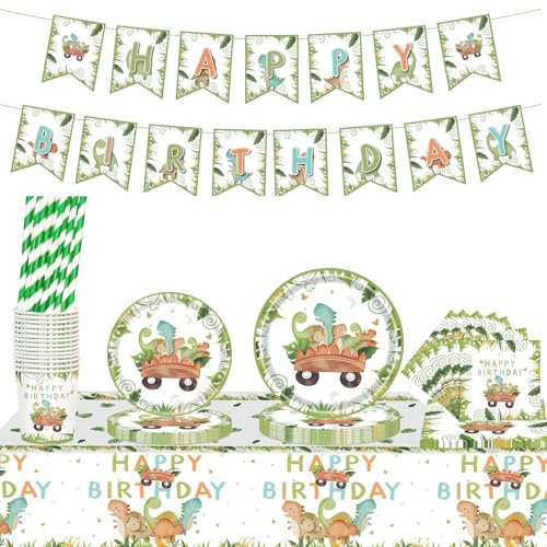 102 PCS Dinosaur Birthday Decorations, Dinosaur Birthday Party Tableware Set with Plates Napkins Cups Tablecloth Banner for Kids Boys Girls Serves 20 Guests