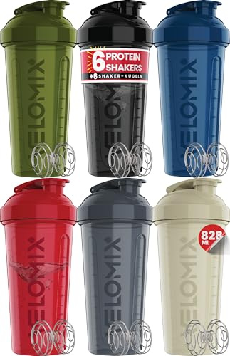 VELOMIX 6 Pack 828ml Shaker Proteinshake, Stealth Edition | 6x Edelstahlkugel, Auslaufsicherer Eiweiß Shaker Becher für Protein Shaker, Spülmaschinenfest, Gym und Fitness