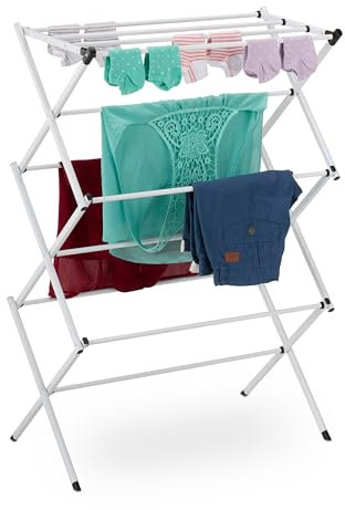 Relaxdays Wäscheständer klappbar, 11 Stangen, 6 Ebenen, HBT: 105x73x37 cm, Wäscheturm, Metall Wäschegestell, weiß