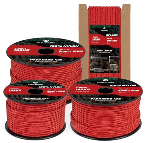 Kamu Synber 425 Paracord 3mm x 15m 100% Nylon Rope 3 Strands Parachute Cord Type II for Outdoor, Crafting, DIY | Support 192kg | Red