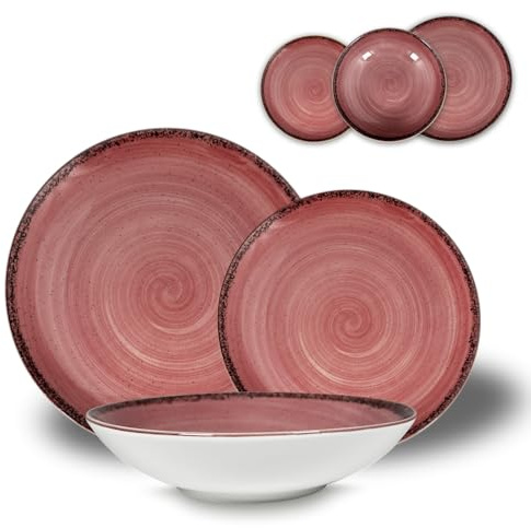 ARCA, Set 18 Piatti Coordinati Pepper in Porcellana Decorata, Servizio per 6 Persone, con Piatti Fondi, Piani e da Dessert, Moderni e Colorati, Lavabili in Lavastoviglie, Colore Rosa