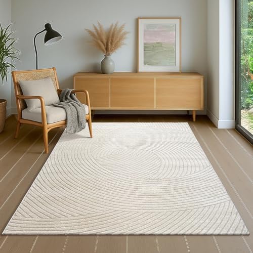 the carpet Everest - Moderner Kurzflor Teppich Hoch-Tief-Struktur, 3D-Effekt, weiche Oberfläche und hohe Flordichte, ideal für Wohnzimmer & Schlafzimmer, Linien, Op-Art, Creme, 200 x 290 cm