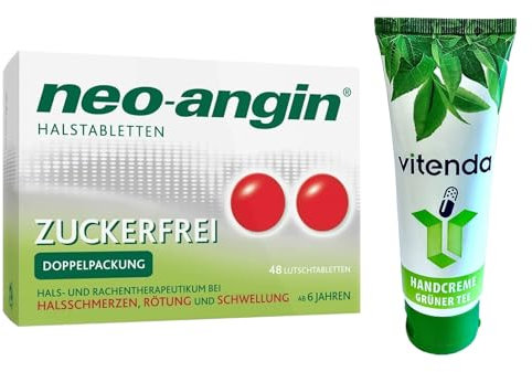neo-angin® Halstabletten zuckerfrei – Lutschtabletten gegen Halsschmerzen 48 Stück inclusive einer Handcreme von vitenda - mit antiseptischer Wirkung und kühlendem Effekt