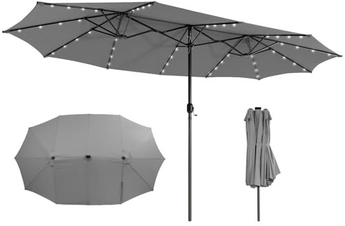 GOPLUS Parasol de Jardin Extérieur avec 48 Lumières LED et Manivelle, Abri Solaire avec Events, H.2,5M pour Terrasse, Balcon, Piscine, Pied Requis (Gris)