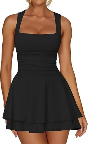 Sukiglam Robe Femme Sexy sans Manches Col Carré Robes Courte d'Été Élégante Dos Nu Mini Robe Moulante de Soirée Décontractée Bodycon Robes à Double Couche Volants pour Cocktail Fête Clubbing