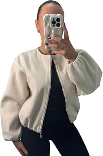 Ranian's Ladies Womens Zip Bomber Jacket Long Balloon Puff Sleeve Zipper Jumper Crop Top