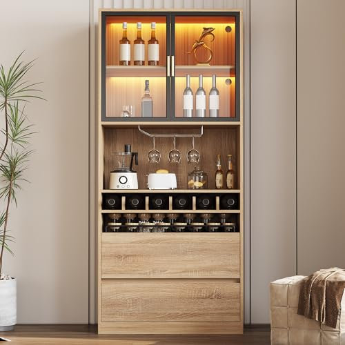 Armario de cocina con LED, armario de vitrina con puerta de cristal, armario buffet con encimera, armario multiusos con soporte para copas de vino extraíble, armario alto con cajones, 80 x 40 x 180 cm