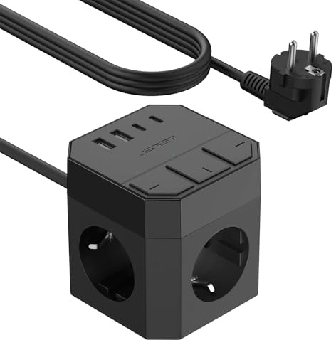 JSVER Steckdosenleiste Mit USB C, 3M Steckdosenwürfel Mehrfachsteckdose Cube 3680W mit 3 Einzeln Schaltbar, Steckerleiste mit 2 Typ-C, 2 USB für Zuhause Büro-Schwarz