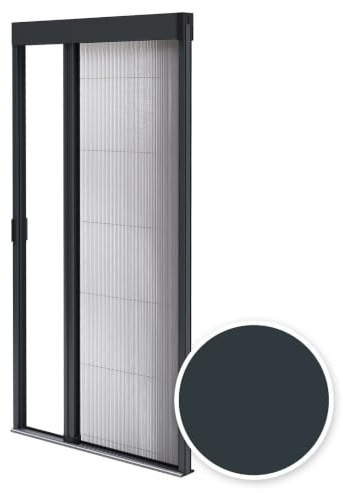 Fliegengitter Plissee für Aluminiumtüren - zuschneidbar Höhe & Breite - Ultraflache Schwelle (Anthrazit 7016, B1200mm x H2400mm)