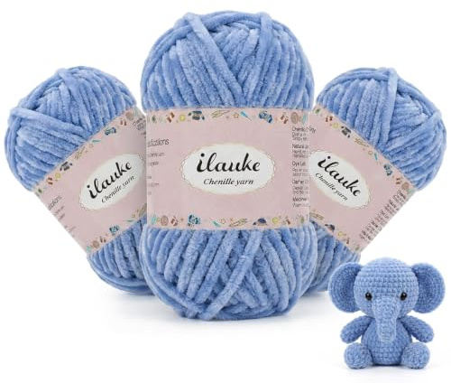 ilauke 3x100g Chenille Wolle zum Häkeln Blau Weich Chenille Garn | Samt Chnille Wolle für Häkelgarn, Häkelwolle Flauschig für Decken, Pullover, Schals, Dicke Chenillewolle zum Stricken